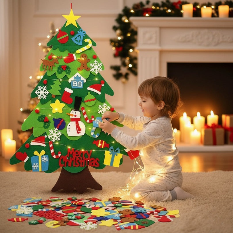 Vilt Kerstboom met 32 Ornamenten & Verlichting – Veilig en Creatief! - Stimuleert Creativiteit & Fijne Motoriek