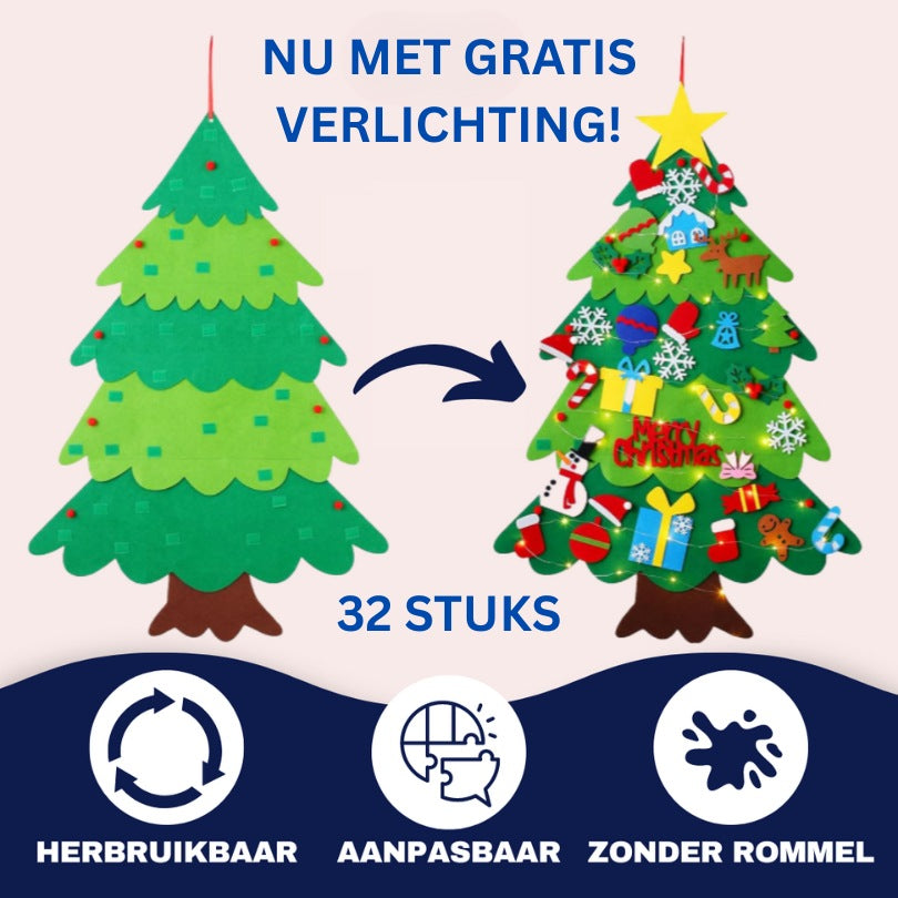 Vilt Kerstboom met 32 Ornamenten & Verlichting – Veilig en Creatief! - Stimuleert Creativiteit & Fijne Motoriek