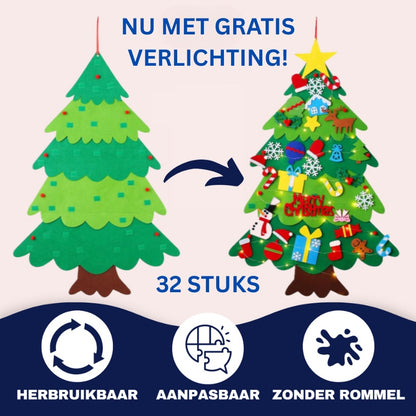 Vilt Kerstboom met 32 Ornamenten & Verlichting – Veilig en Creatief! - Stimuleert Creativiteit & Fijne Motoriek