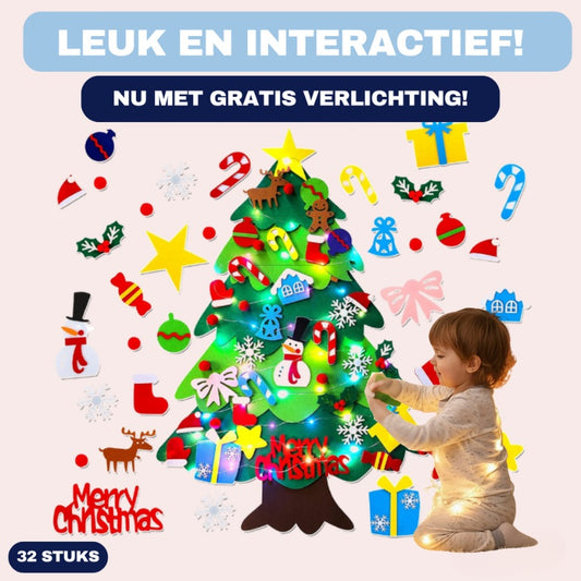 Vilt Kerstboom met 32 Ornamenten & Verlichting – Veilig en Creatief! - Stimuleert Creativiteit & Fijne Motoriek